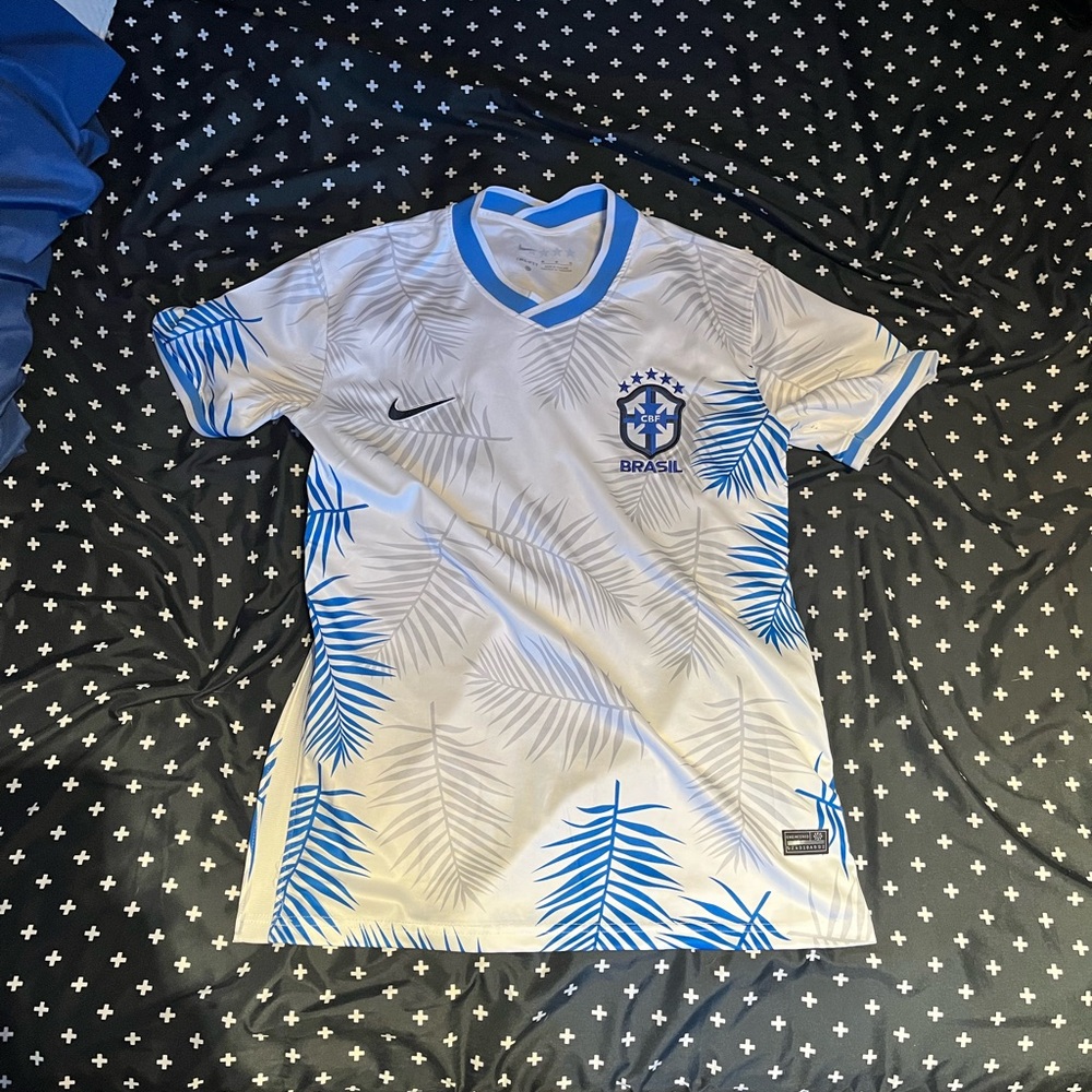 Nike men’s White & Blue Brazil Football Jersey with Palm Print